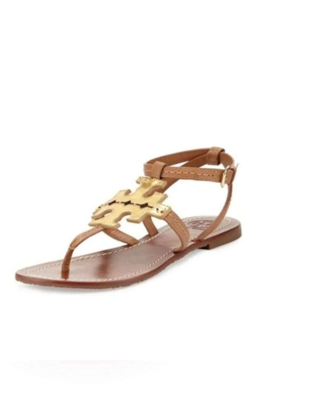 Tory Burch Phoebe Tan Leather Sandals with Gold Logo Accent Size 7